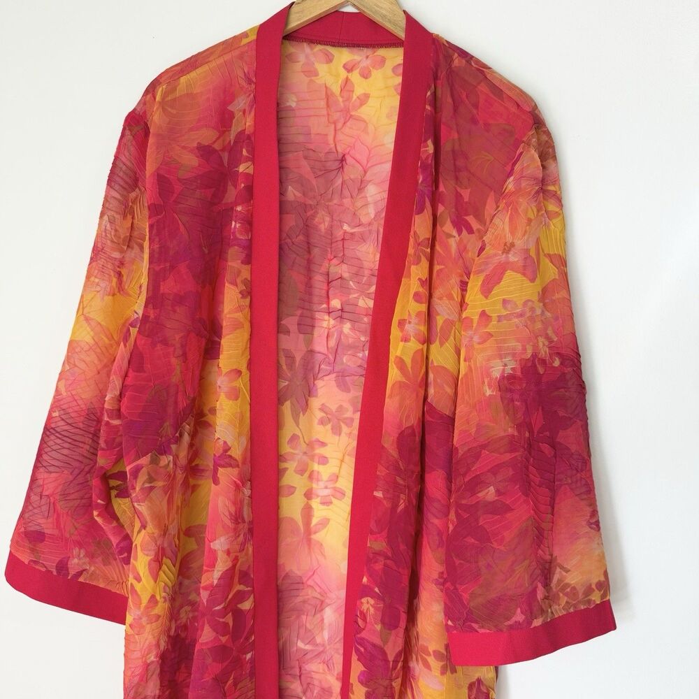 Vintage Open Front Duster Kimono Red Yellow Textured Floral 1X Tropical Swim